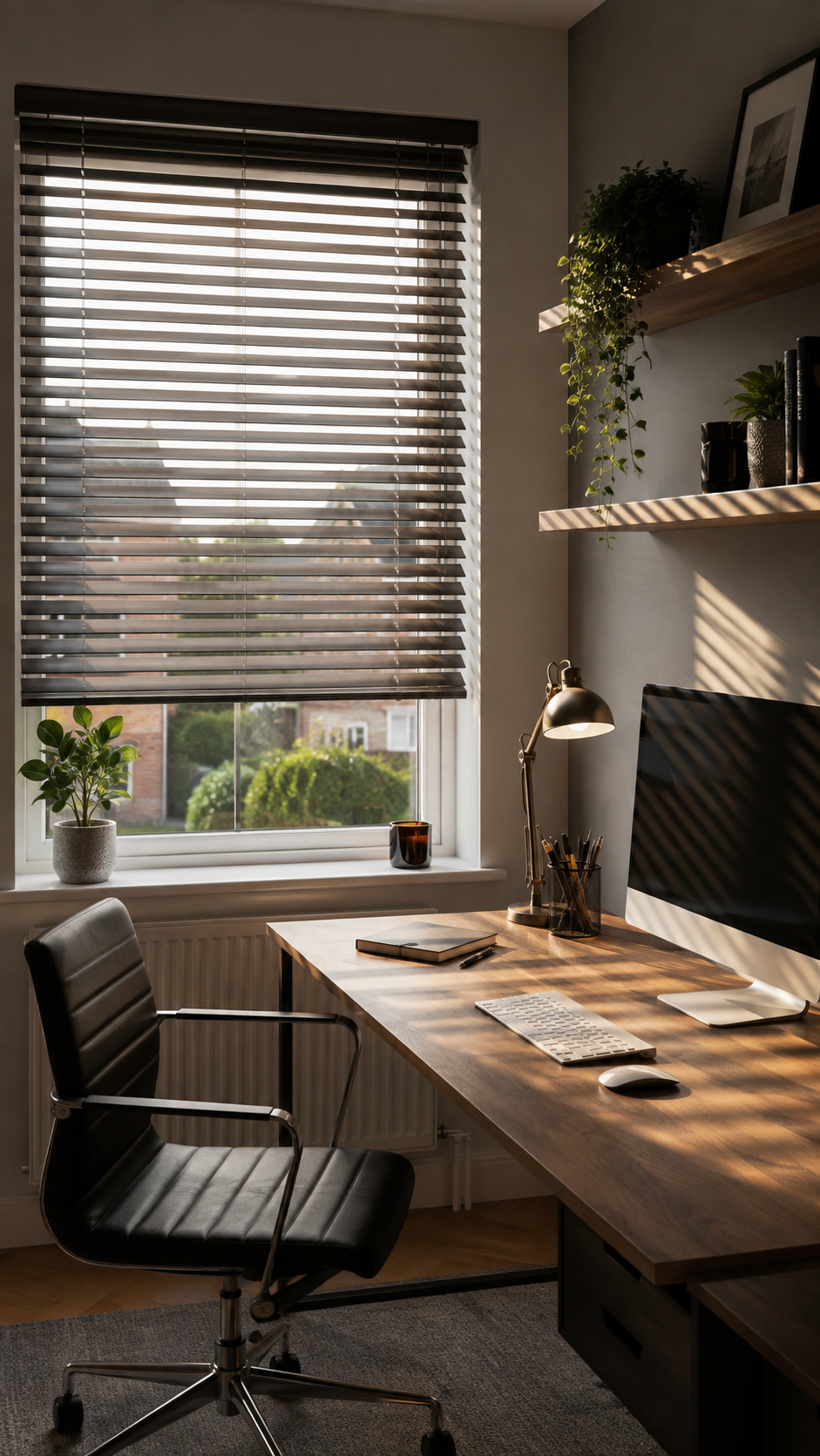 Venetian blinds controlling low autumn sunlight and glare in an Oxfordshire home.